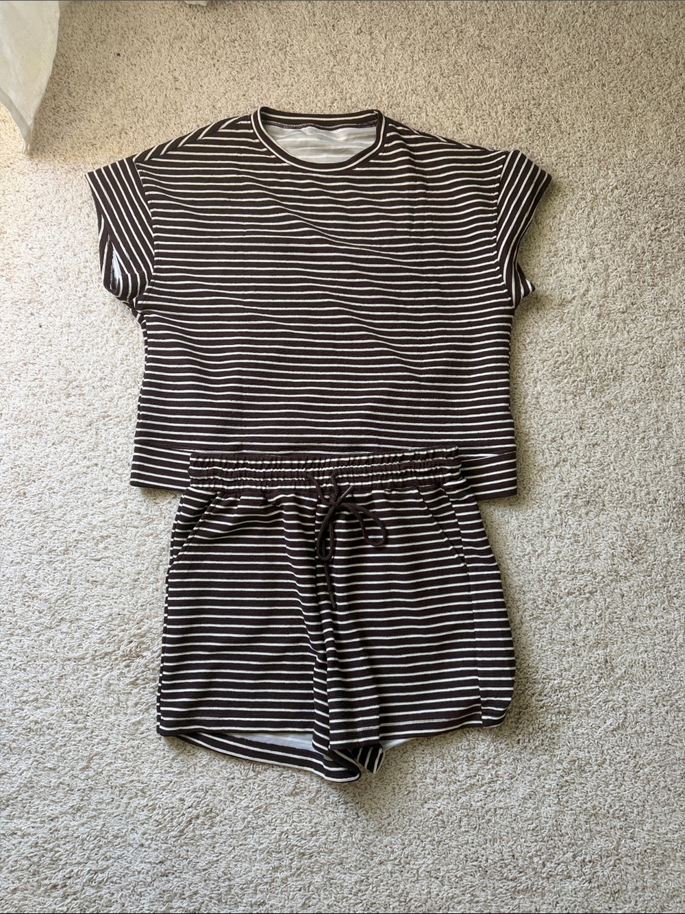 Womes Brown and White Striped Set - Short Sleeve Top & Shorts